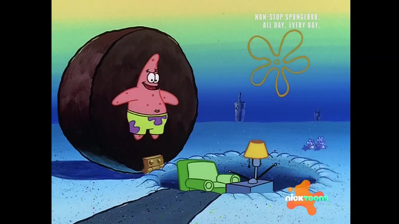 Patrick Star, inside a giant, dark sphere, hovers above a living room set. A Nicktoons logo is visible, and the scene feels like a surreal moment from a SpongeBob SquarePants episode.
