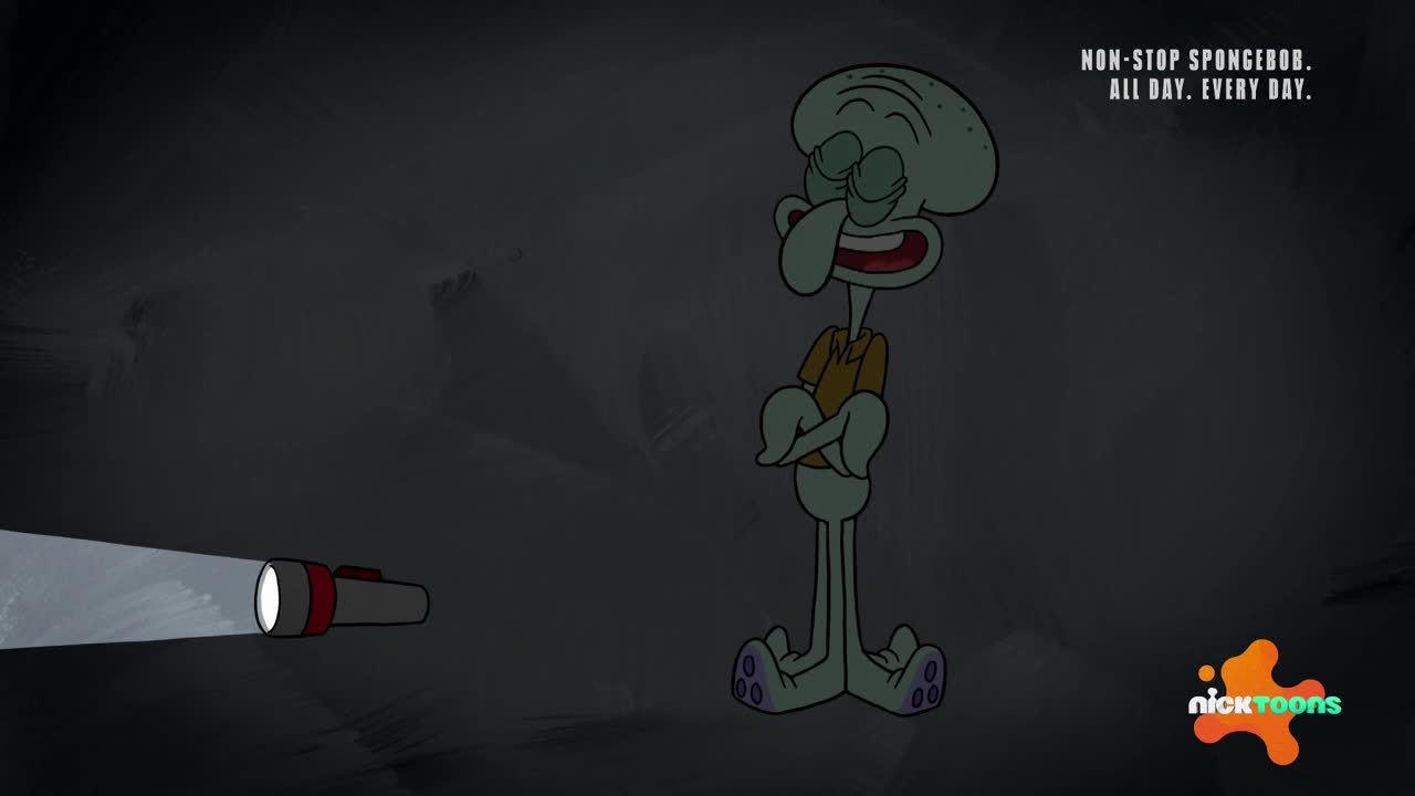 A flashlight beam illuminates Squidward, arms crossed, eyes closed, and mouth open in a wide smile. The Nicktoons logo glows in the bottom right corner.
