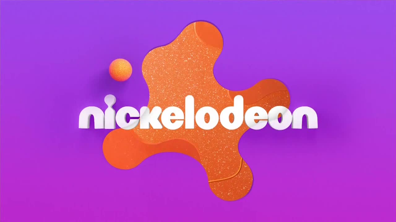 The word "Nickelodeon" in white, 3D letters sits in the center. An orange blob with a textured surface and a small orange ball float on a purple background.
