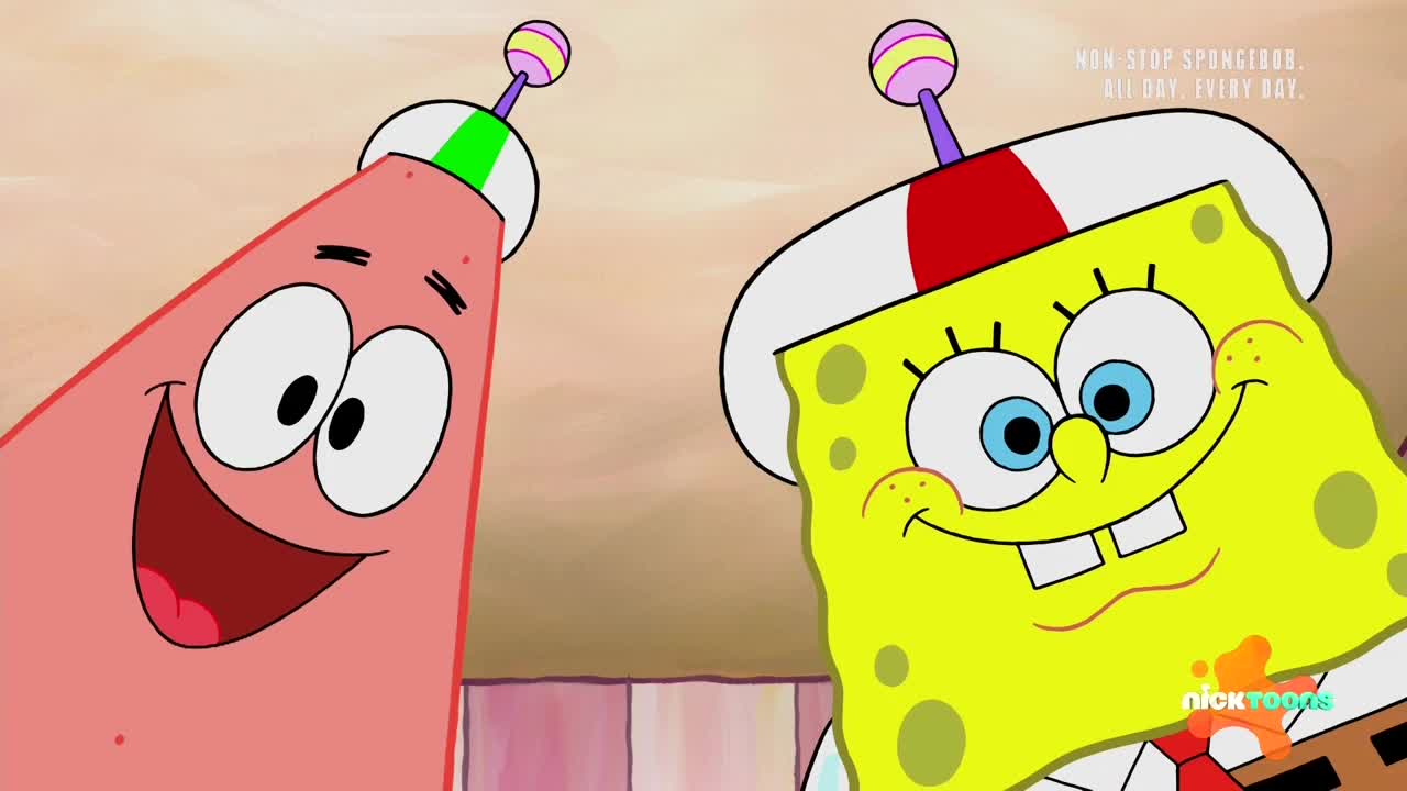 Patrick and SpongeBob, both wearing matching hats, grin widely at the viewer. The Nicktoons logo is visible in the corner, and the text "Non Stop SpongeBob. All Day. Every Day." is in the upper right corner.
