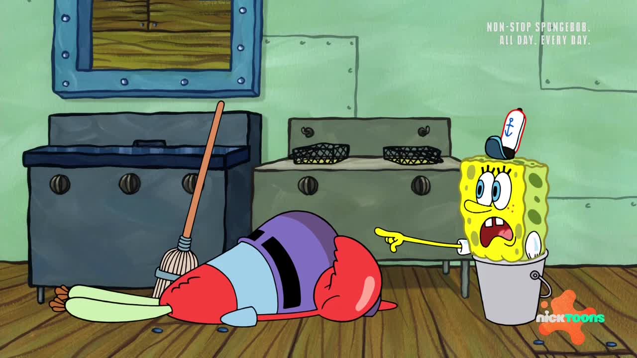 Mr. Krabs is sprawled out on the floor, his eyes closed. SpongeBob, perched on a bucket, points at him with a look of alarm.
