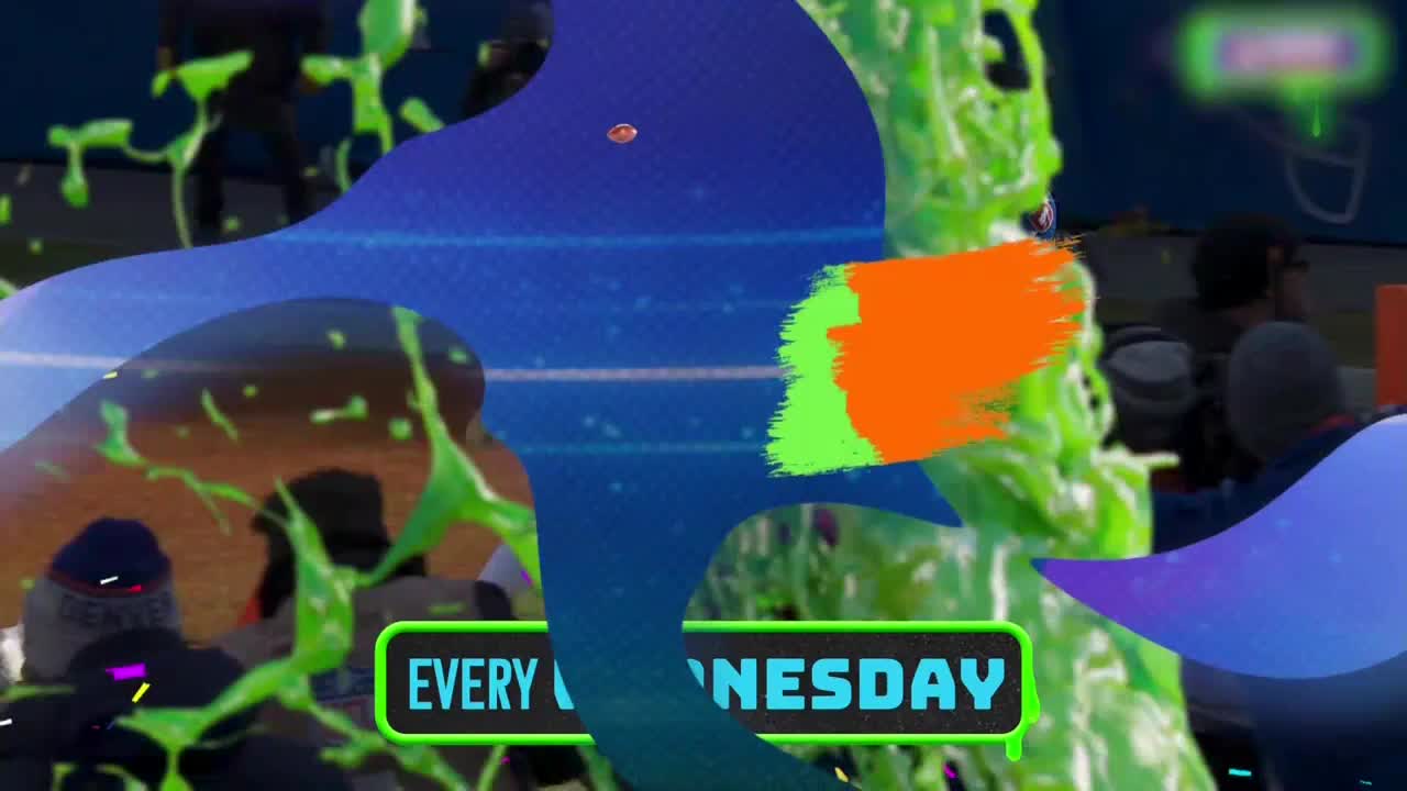 A football floats in the air, above a field of players. Green slime splatters across the screen, and the words "EVERY WEDNESDAY" appear.
