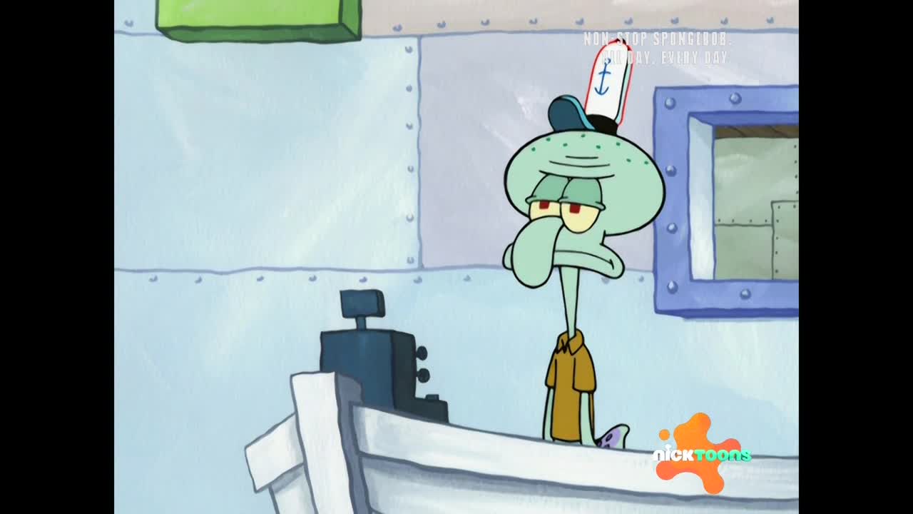 Squidward, looking utterly bored, leans against a boat-shaped counter. The Nicktoons logo is visible, and a "Now on SpongeBob" banner is in the background.
