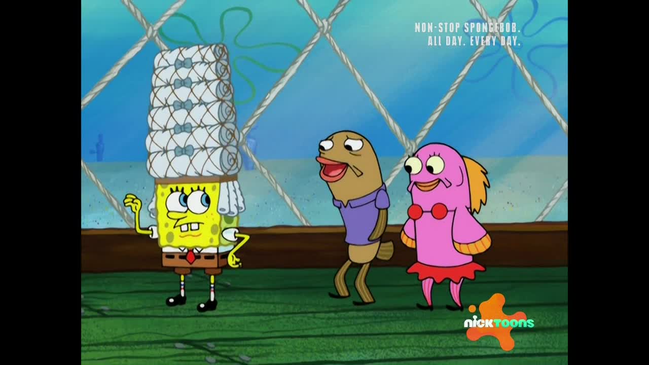 SpongeBob SquarePants, wearing a towering stack of towels, gestures dramatically. A fish in a purple shirt and another in a pink dress watch him with expressions of amusement.
