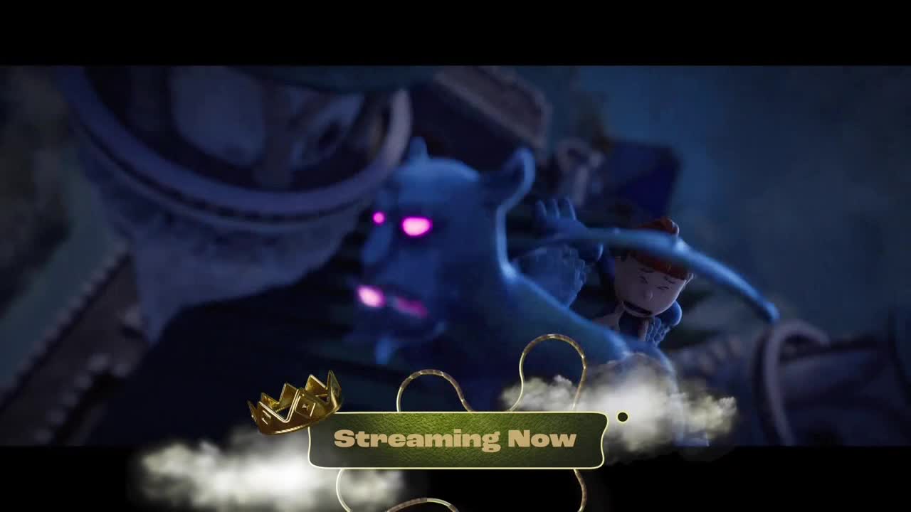A blue, gargoyle-like creature with glowing pink eyes is in the center, and a small figure is riding on its back. The words "Streaming Now" float in front of the scene, framed by a golden crown.
