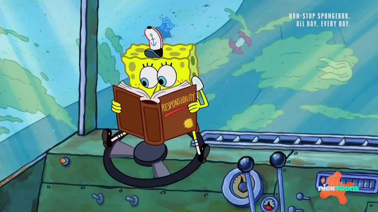SpongeBob, in his captain's hat, is reading a book titled "Responsibility" while sitting at the wheel. The Nickelodeon cartoon character appears to be in a vehicle, with gauges and levers visible in the foreground.
