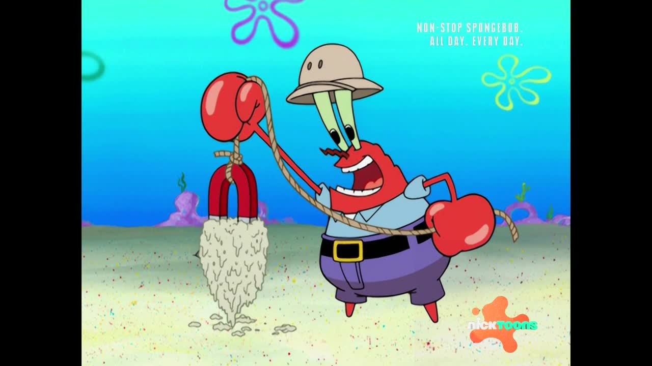 Mr. Krabs, from the animated series on Nicktoons, grins widely, holding a rope attached to a giant magnet. A white, fluffy substance is being pulled from the sea floor.
