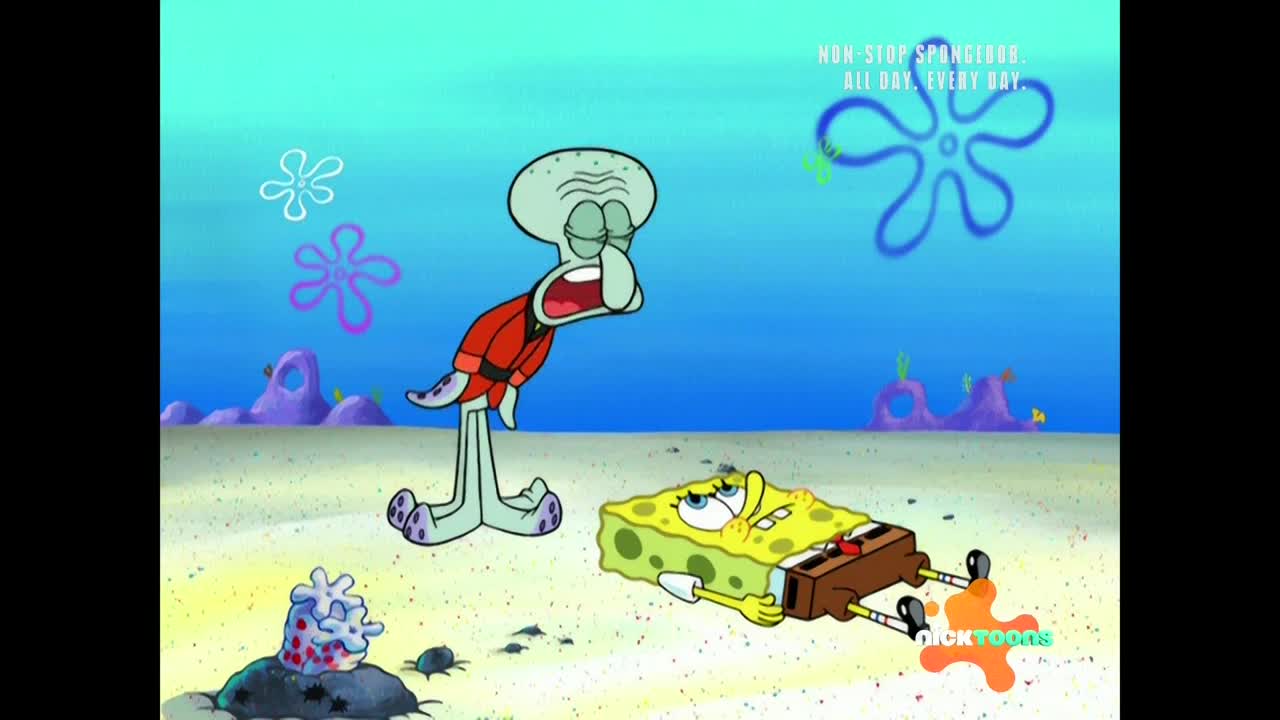 Squidward, in a red uniform, is yelling with his eyes closed, while SpongeBob lies on the sand, looking defeated. A Nickelodeon logo is visible in the corner.
