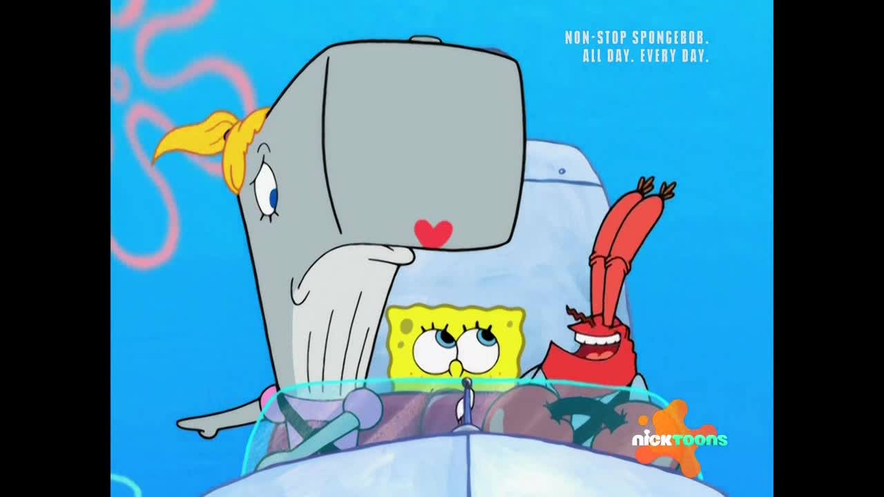 Pearl the whale looks sad, her heart-shaped lipstick prominent. SpongeBob and Mr. Krabs are in the car with her, and the Nicktoons logo is in the corner.
