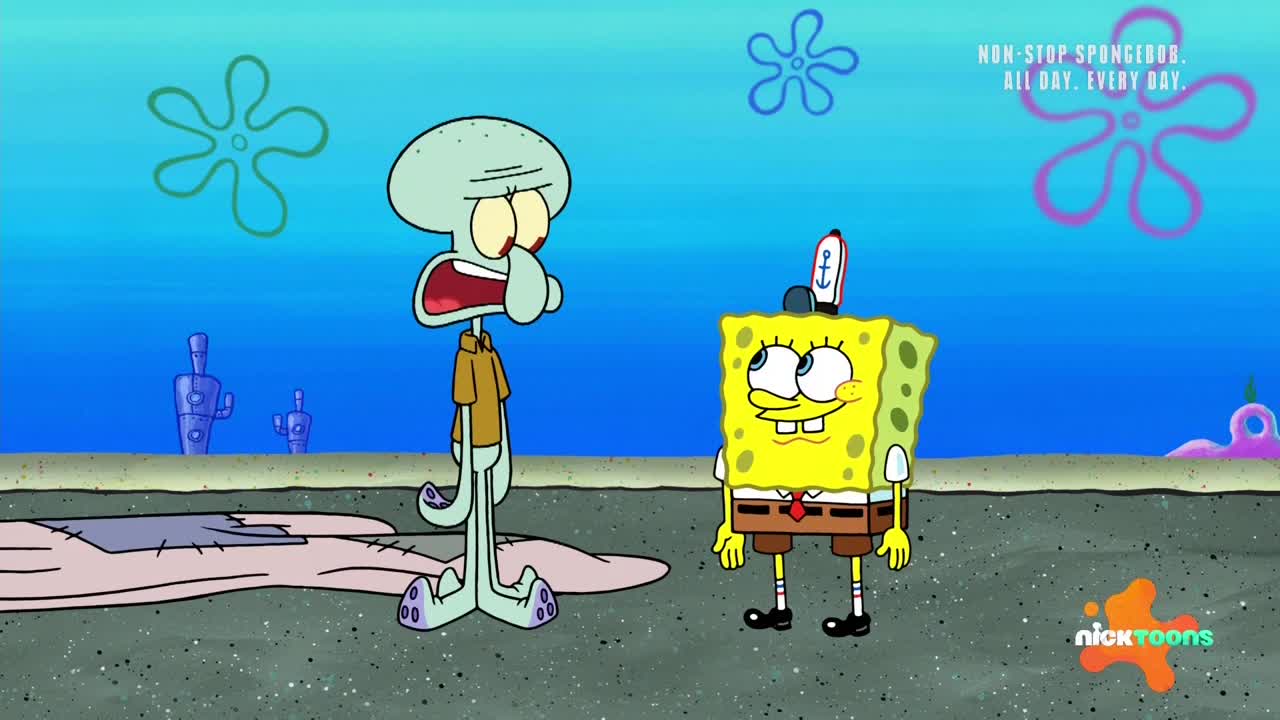 Squidward, with his mouth wide open, looks exasperated at SpongeBob, who stands with a cheerful expression. The scene takes place underwater, with the Nicktoons logo visible in the corner.
