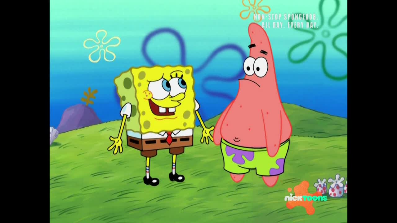 SpongeBob, in his usual attire, smiles and holds hands with Patrick, who looks a little concerned. They stand on a grassy patch with the ocean in the background, a scene from a Nicktoons show.
