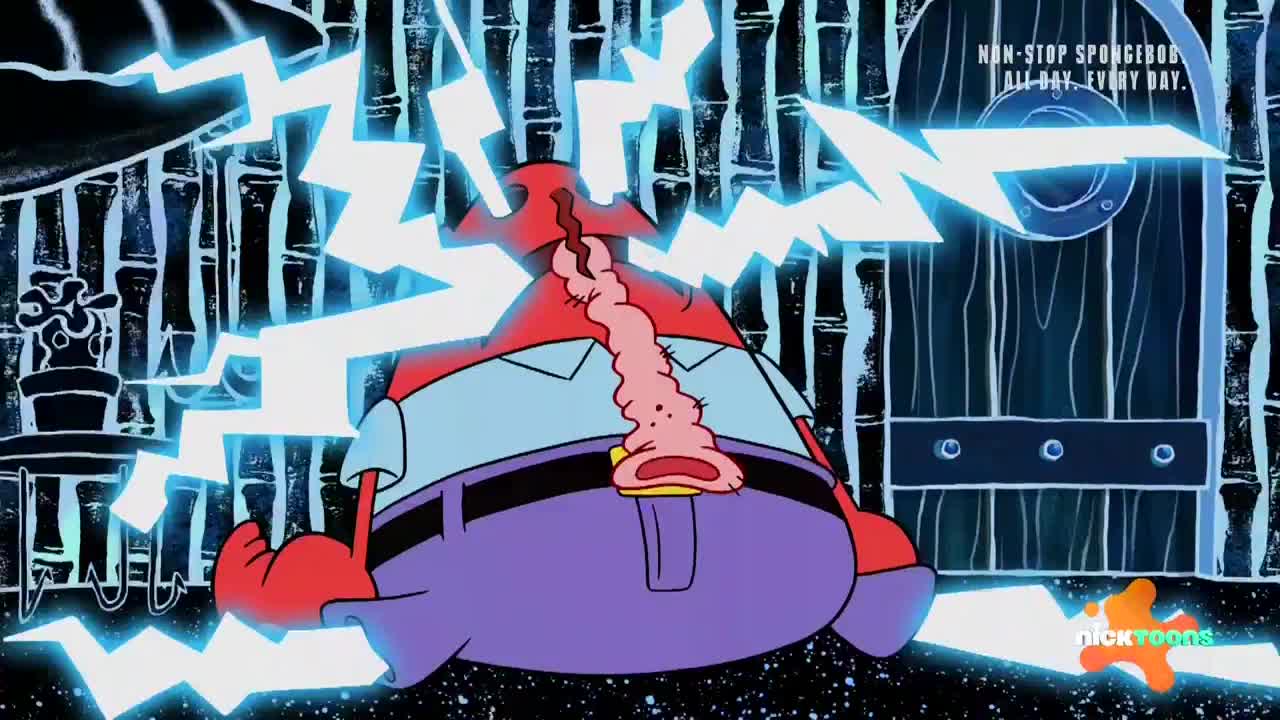 Mr. Krabs is getting zapped with jagged blue electricity, his face contorted in a wide-mouthed scream. A fleshy, pink tongue-like thing is dangling from his head.
