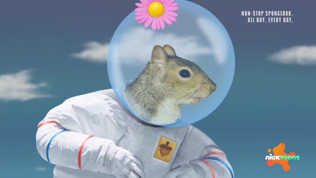 A squirrel in an astronaut suit floats against a blue sky, a flower perched atop its helmet. The Nicktoons logo is visible in the corner, and the advertisement promises "Non-Stop Spongebob."
