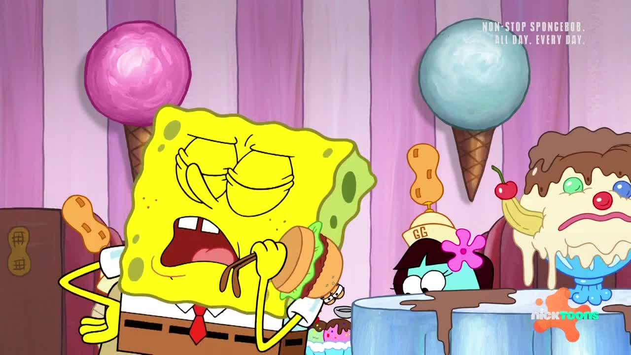 SpongeBob, in a red tie, is mid-bite on a burger, eyes closed in what looks like pure bliss. A sad-looking ice cream sundae sits nearby, a cherry and banana drooping from its face.
