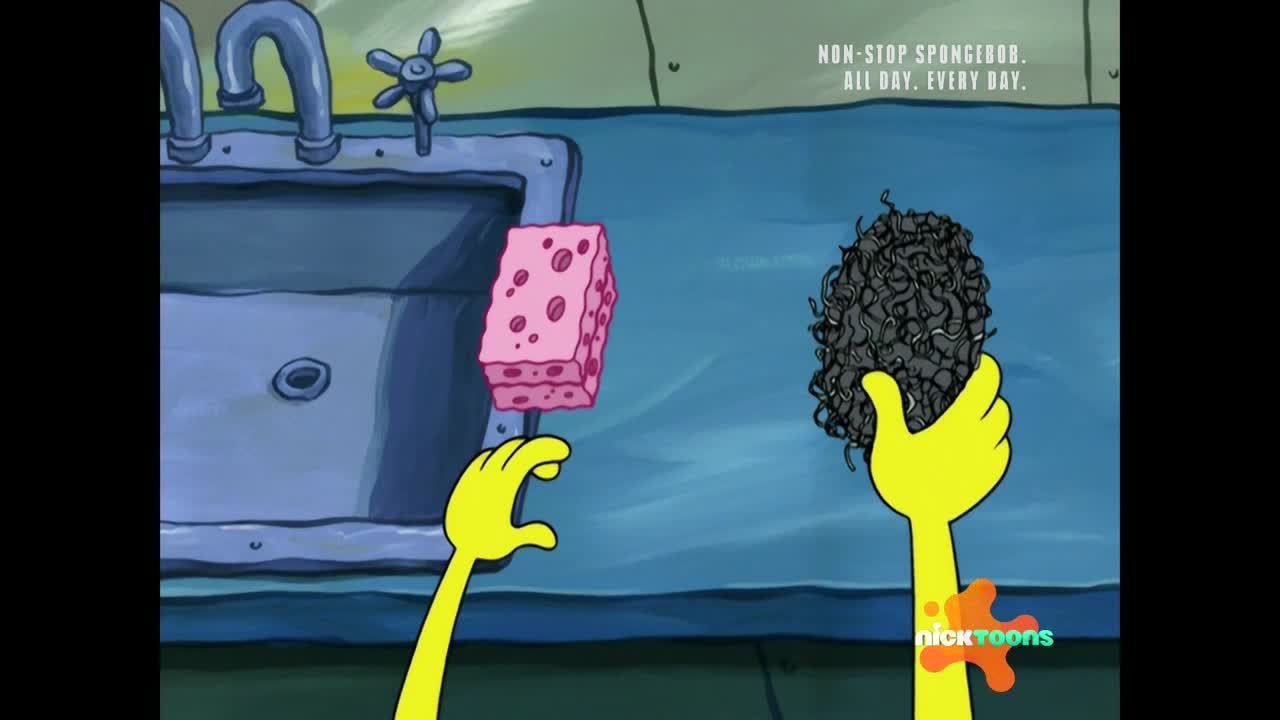 A pink, porous sponge floats near a clump of black, squiggly hair held up by a yellow hand. Above, the Nicktoons logo is visible, and the words "NON-STOP SPONGEBOB. ALL DAY. EVERY DAY." are printed.
