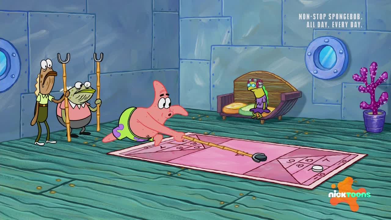 Patrick Star is sliding a black puck across a pink shuffleboard court. Two fish-like characters watch, while a third sits on a couch, observing the game.
