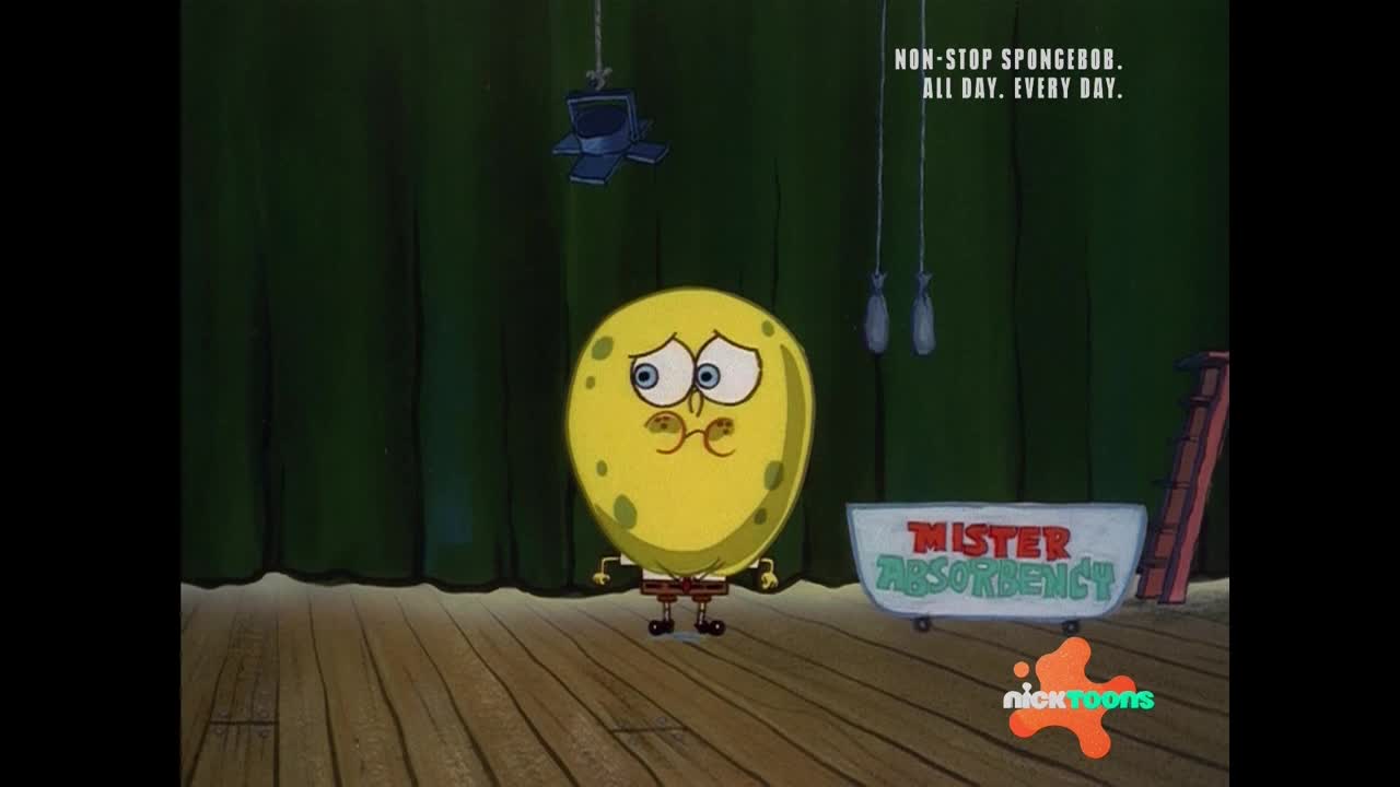 SpongeBob SquarePants, looking anxious, stands center stage. Behind him, a sign reads "Mister Absorbency" as a Nicktoons logo sits below.
