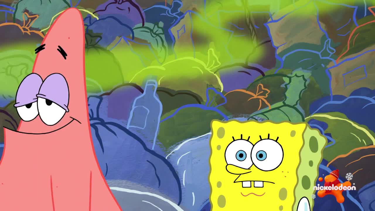 Patrick, with half-closed eyes, smiles at SpongeBob, who looks concerned. A pile of trash bags emits a green glow behind them.
