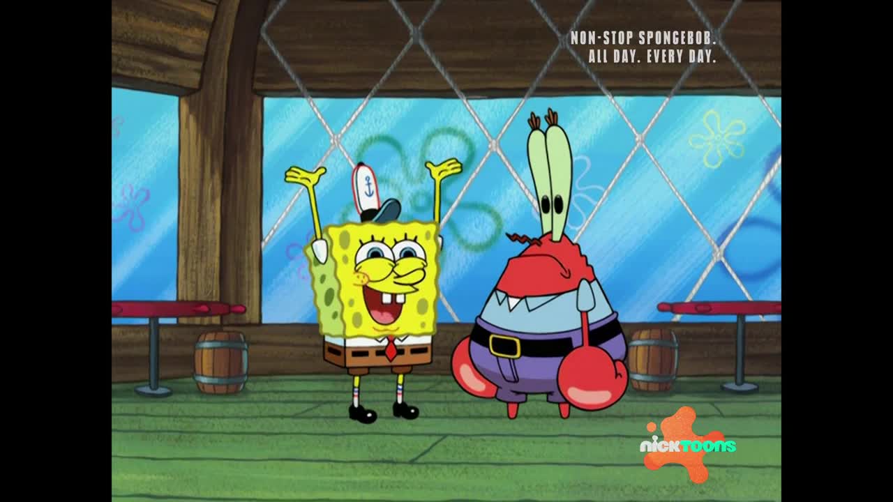 SpongeBob, wearing a sailor hat, grins widely with his arms raised, while Mr. Krabs stands beside him, looking on. The Nicktoons logo is visible in the corner, and the words "Non-Stop Spongebob. All Day. Every Day." are at the top.
