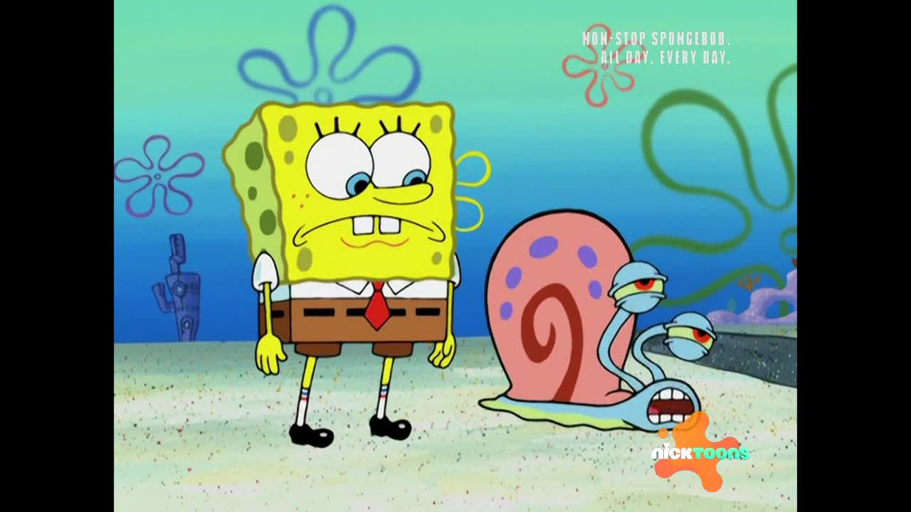 SpongeBob SquarePants stands with a concerned expression, watching Gary the snail. Gary is drooling a bright orange substance, his eyes bloodshot and wide.
