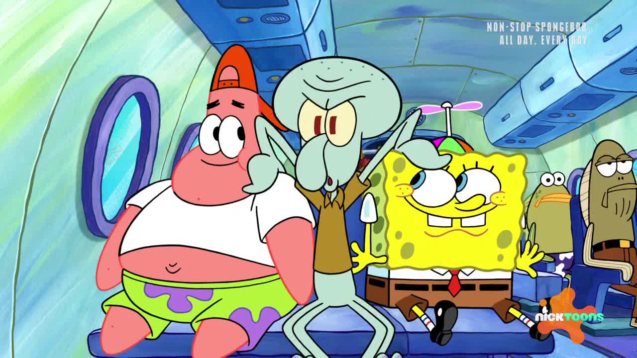 Squidward throws his arms up, looking annoyed, while SpongeBob grins and waves. Patrick sits beside them, wearing a backwards baseball cap and looking relaxed.
