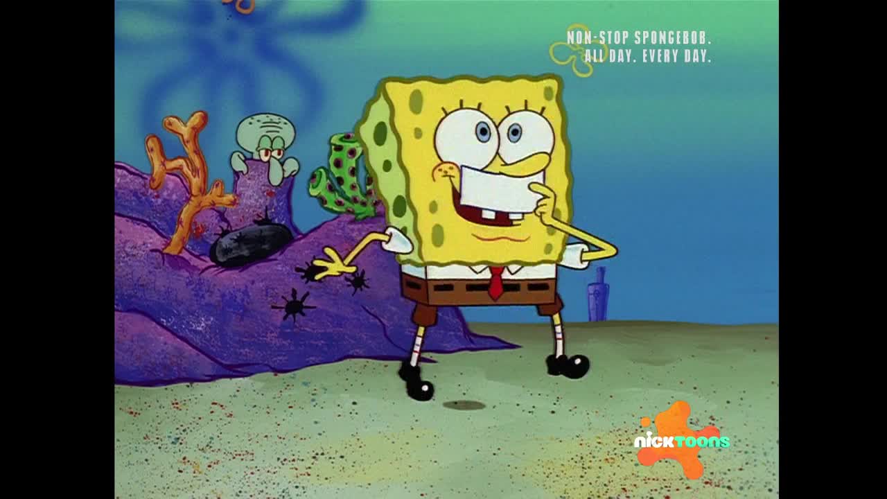 SpongeBob SquarePants, grinning, stands with his finger on his chin, while Squidward looks on from behind a purple rock formation. The Nicktoons logo is in the corner, and the scene is set underwater.
