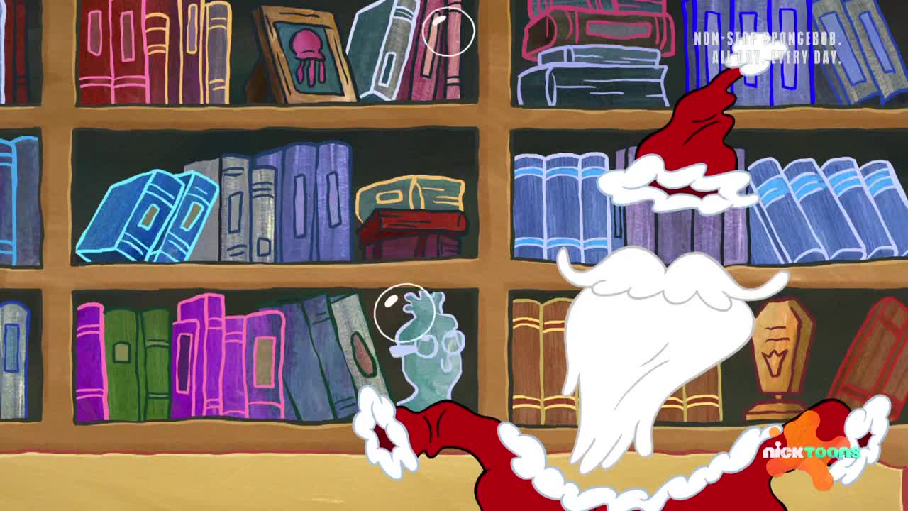 A Santa hat and white beard float in front of a bookshelf filled with neon-outlined books. A ghostly figure with a bubble floats nearby, and the Nicktoons logo is visible.
