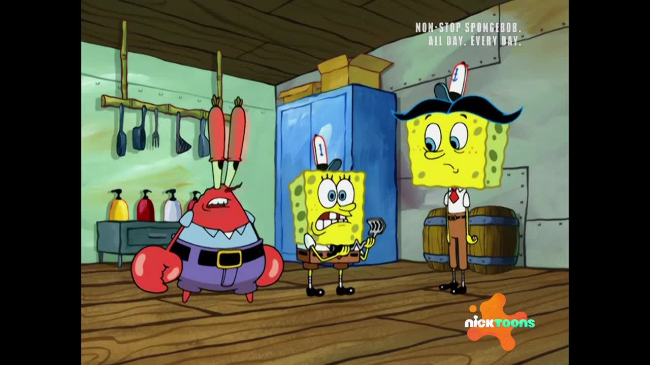 Mr. Krabs glares, his eyes glowing red, while SpongeBob holds a spatula looking worried. A mustachioed SpongeBob stands beside a barrel, wearing a white shirt and tie.

