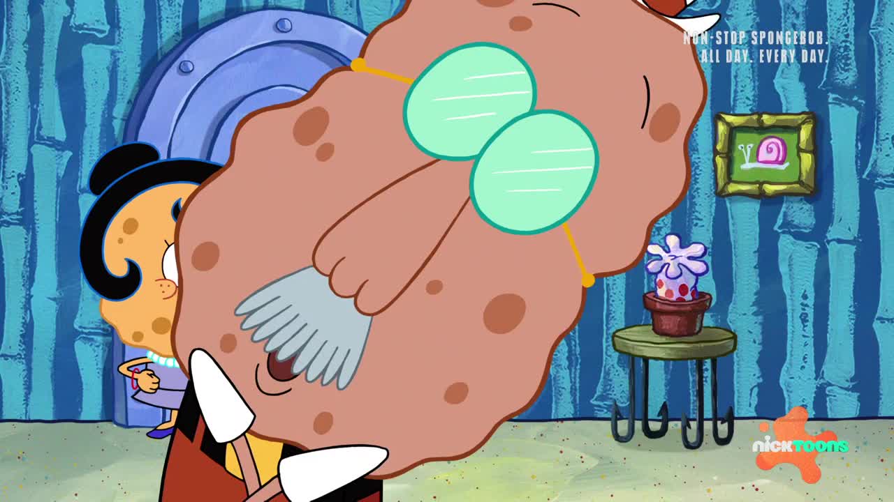 An enormous, brown, porous figure with green-lensed glasses obscures the view. Behind him, a yellow, sponge-like woman peeks out from a doorway.
