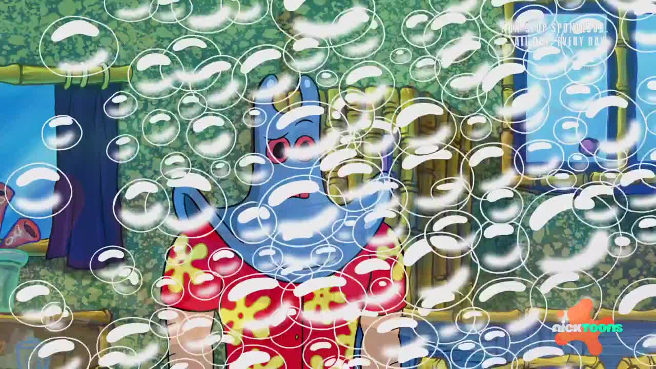 Patrick Star is surrounded by a cloud of bubbles, his expression a mix of surprise and confusion. The bubbles, each with a bright white outline, obscure much of the background from this Nicktoons scene.
