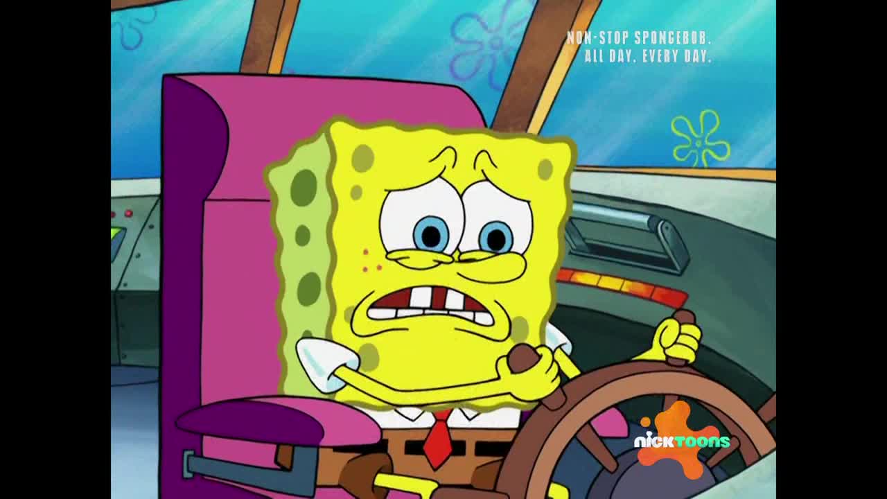 SpongeBob grips the steering wheel, his eyes wide with panic. He's clearly in trouble, the boat's controls looking complicated.