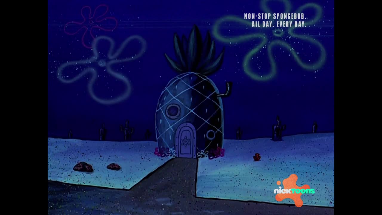 The pineapple house sits under a dark blue sky, outlined by glowing jellyfish. A path leads to its front door, with a Nicktoons logo on the sand.