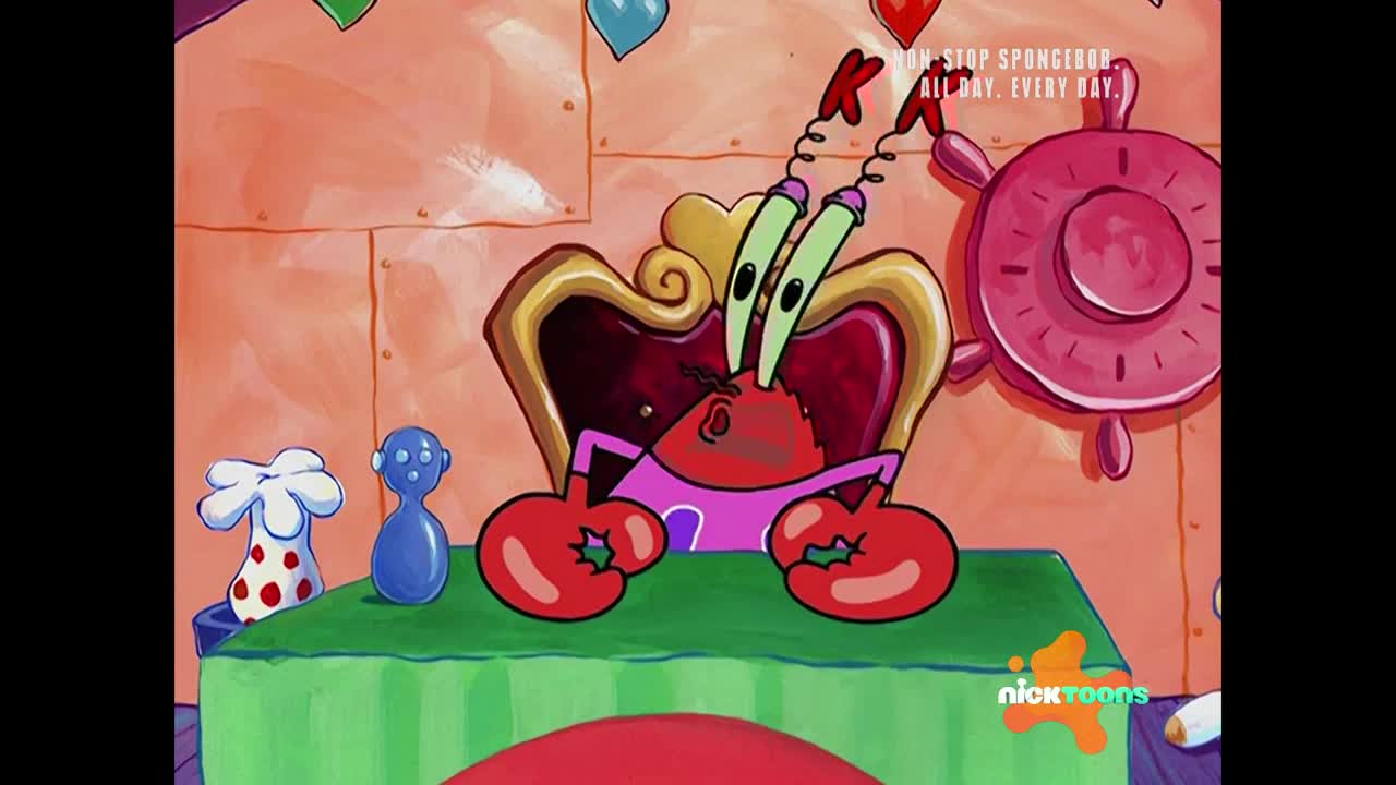 Mr. Krabs sits on his throne, his antennae twitching. A pink ship's wheel hangs on the wall behind him.