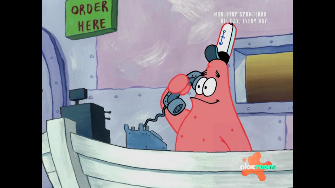 A pink starfish in a sailor hat holds a blue telephone to his ear. He stands behind a counter with a sign that reads "ORDER HERE" above him.