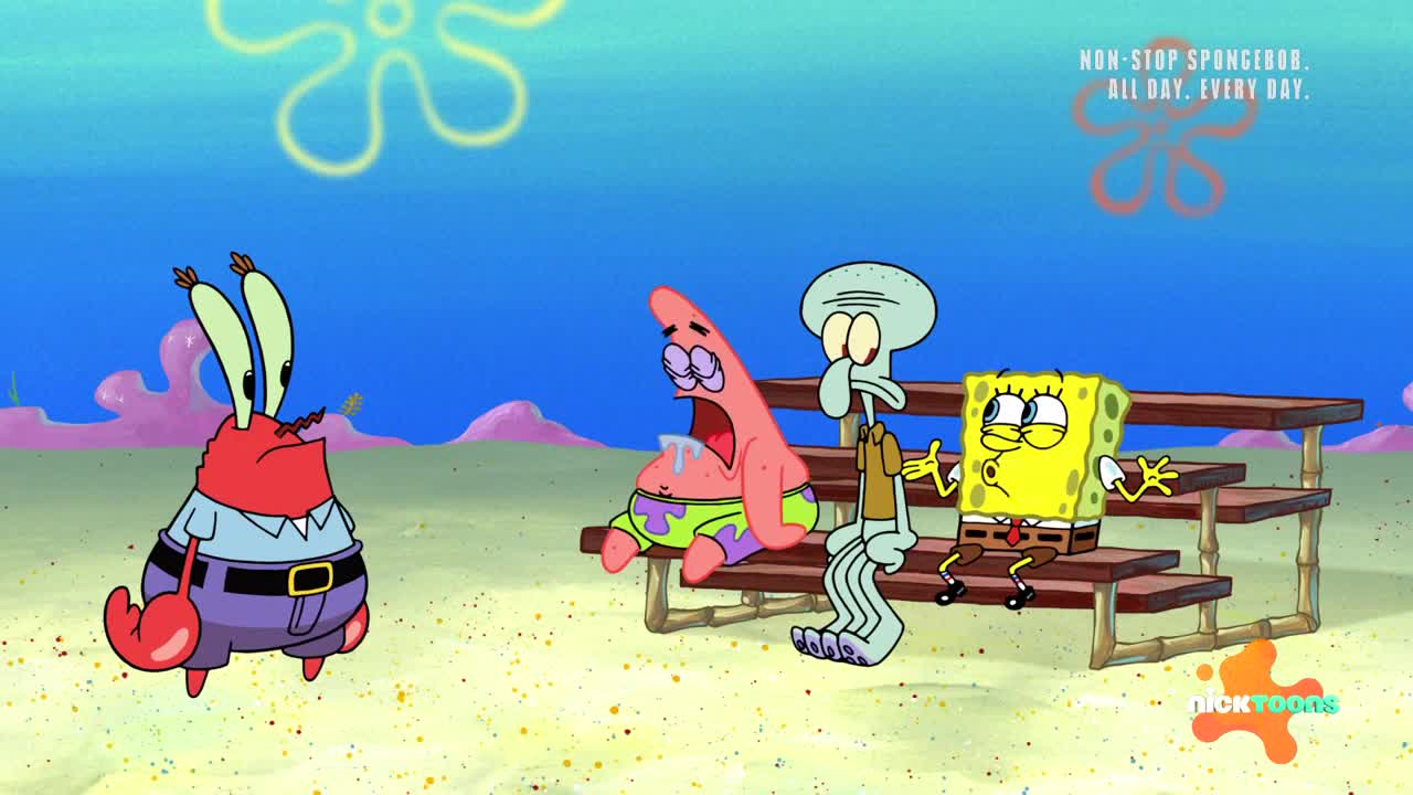Mr. Krabs stands with his arms crossed, facing away from his friends. Patrick is slumped on the bench, his mouth open and drooling. Squidward and SpongeBob sit beside him, looking unimpressed.