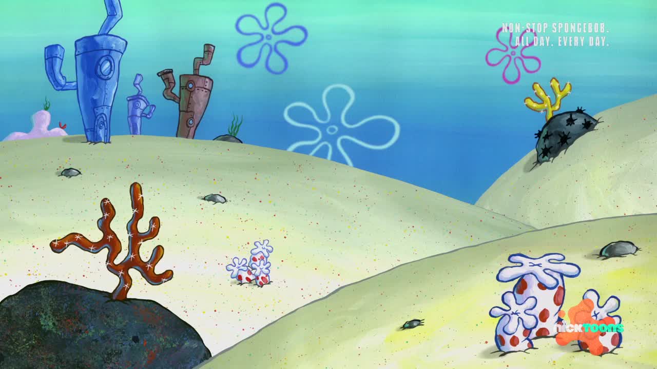 The sandy seabed stretches out before me, dotted with strange, colorful growths and a few small, dark creatures scuttling across the grains. In the distance, tall, metallic structures rise from the ocean floor, their shapes reminiscent of something you'd see in a cartoon.