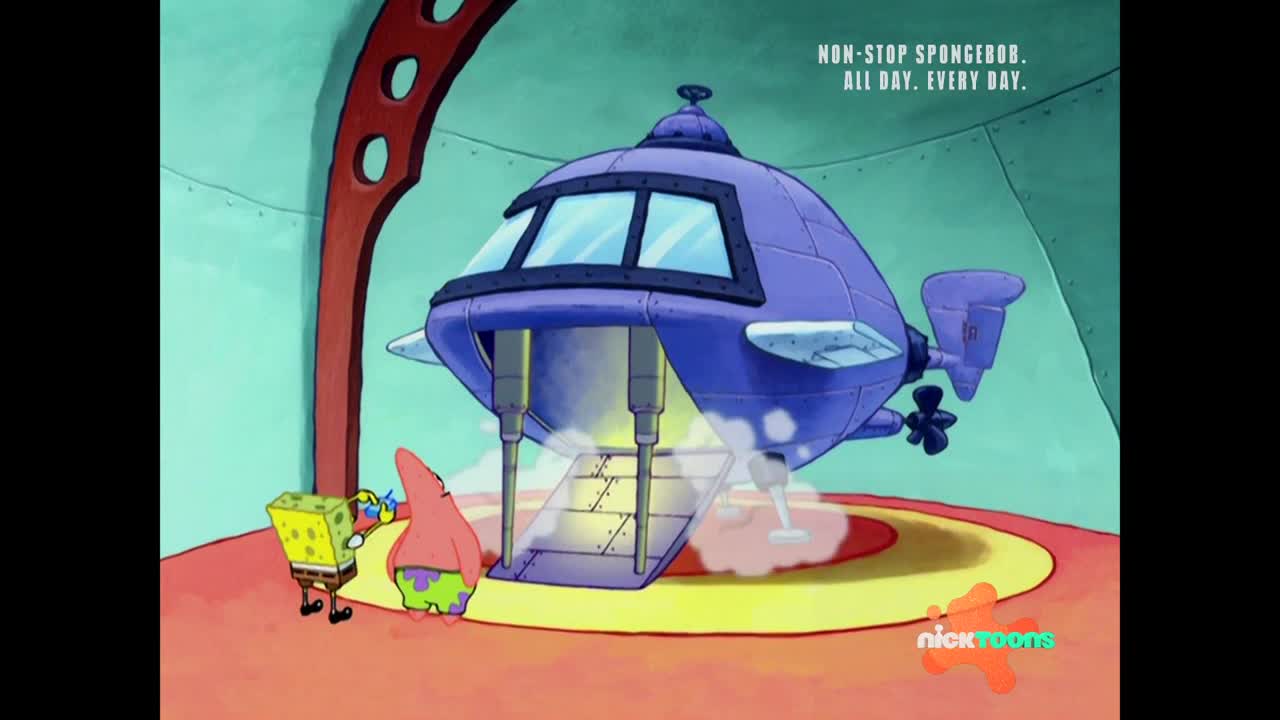 SpongeBob and Patrick stand on a red and yellow circular platform, looking up at a large, purple, egg-shaped vehicle. A metal ramp extends from the vehicle, and steam billows out from underneath it.