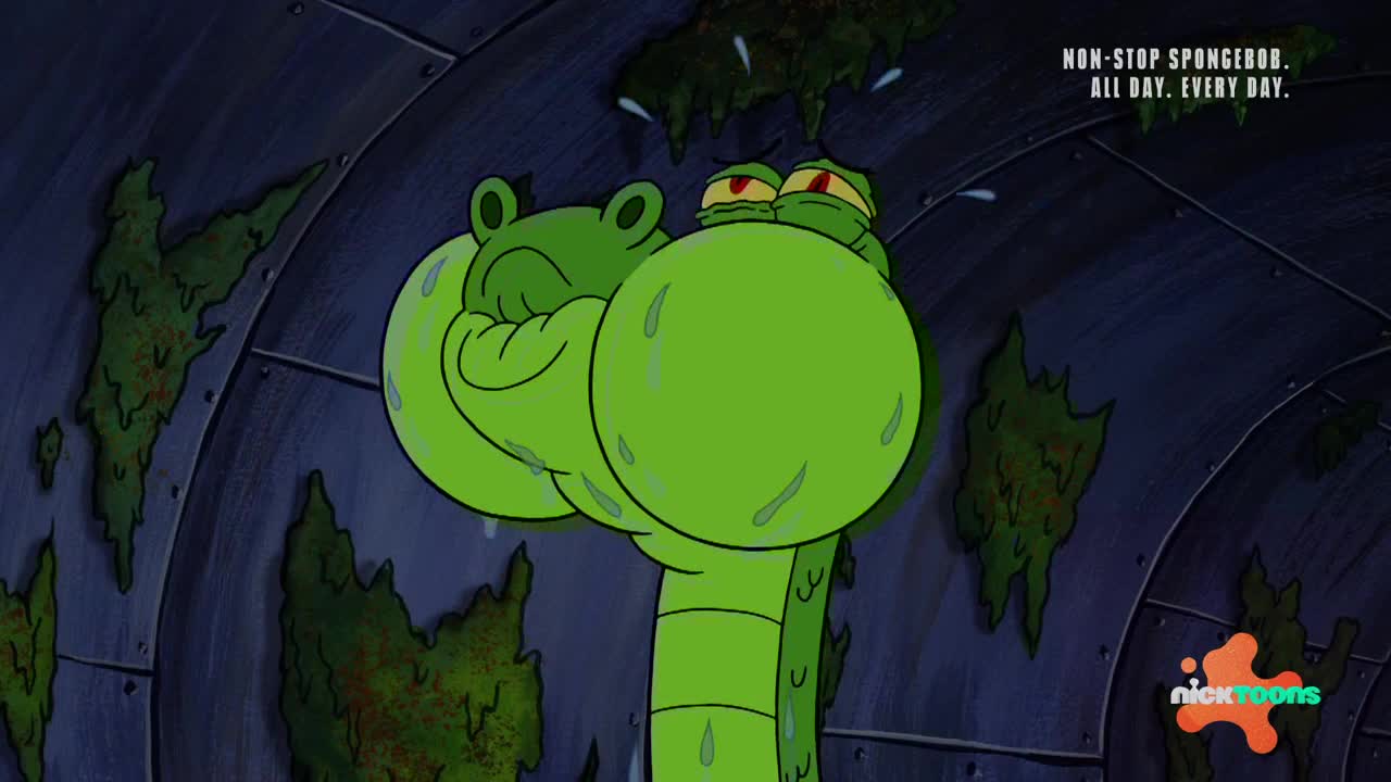 A bright green, serpentine creature strains, its cheeks puffed out like balloons. It's trapped in a dark, grimy tunnel, dripping with some kind of slime.