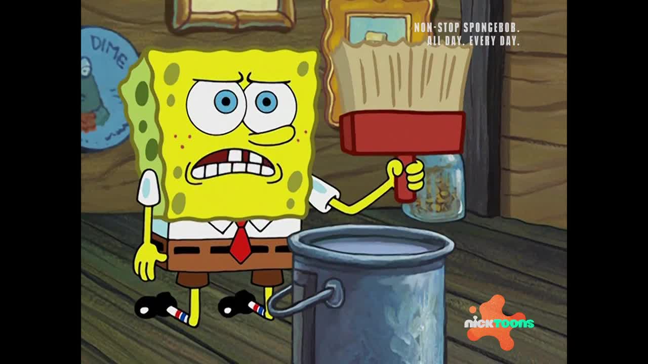 SpongeBob SquarePants stands with a worried expression, holding a large paintbrush over a bucket of blue paint. The Nicktoons logo appears in the corner.