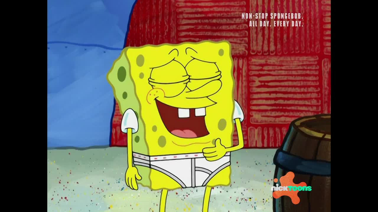 SpongeBob SquarePants stands with his eyes closed, a wide grin on his face, and his hand on his belly. The Nicktoons logo appears on a barrel to his right.