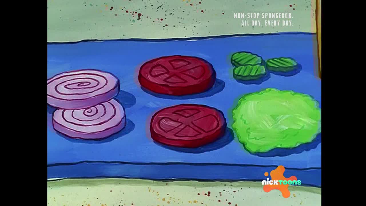 Onions, tomatoes, pickles, and lettuce are laid out on a blue surface, ready to be assembled. This is a scene from a Nicktoons show.