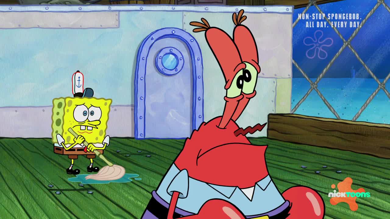 A yellow sponge with a mop looks dejected as he cleans a puddle on the floor. Nearby, a grumpy-looking crab with wide eyes stares ahead, his arms crossed.