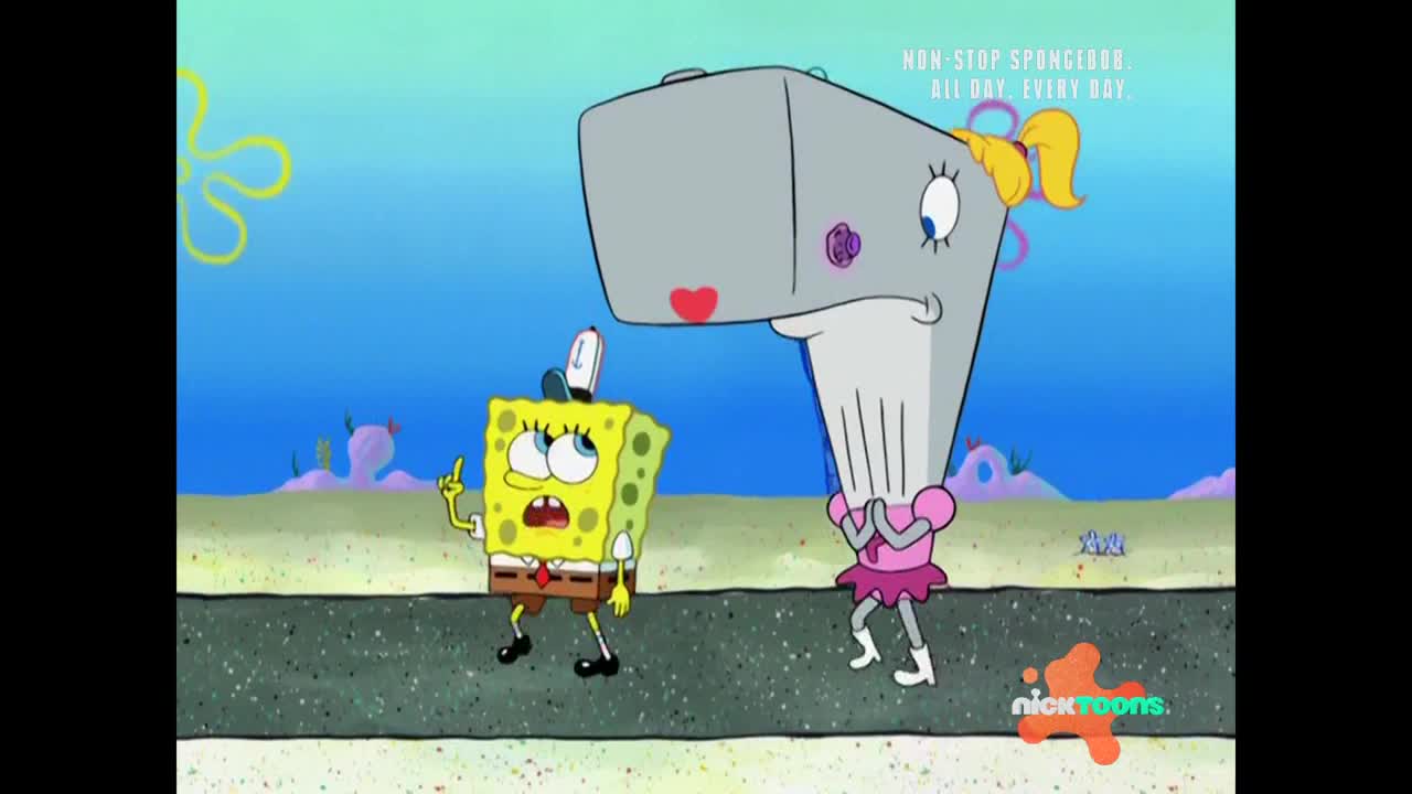 SpongeBob SquarePants is standing on a road, looking up at Pearl, who is wearing a pink dress and white shoes. Pearl has a large, gray head with a blonde ponytail and red lips.