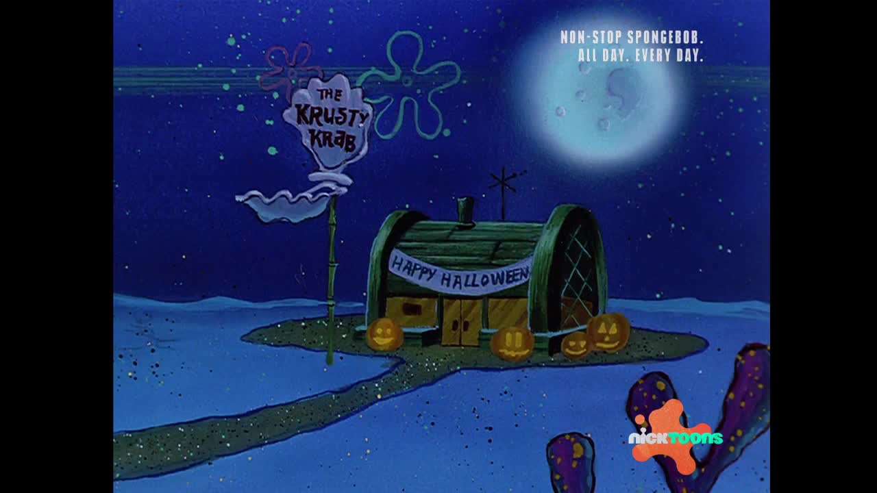 The Krusty Krab glows under a full moon, its sign adorned with a spooky jellyfish. Jack-o'-lanterns line the path, their carved faces illuminated for Halloween.