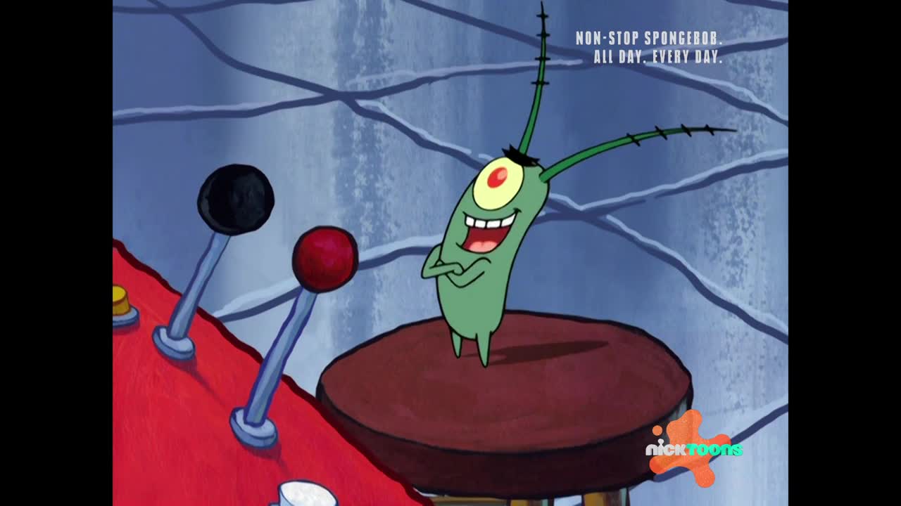 A small green plankton grins, arms crossed, atop a red platform. Two levers, one with a black knob and another with a red one, stand to its left.