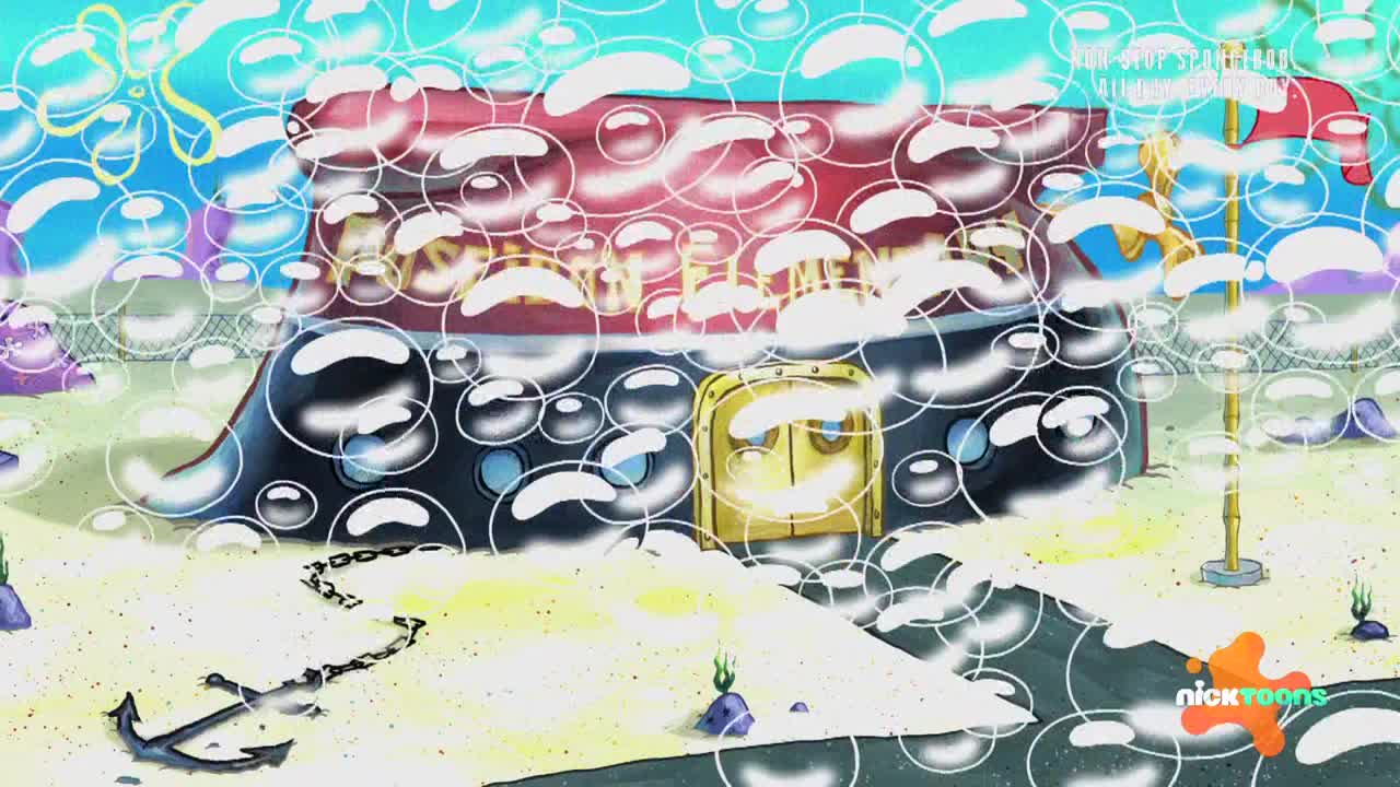 Bubbles are everywhere, obscuring the pineapple house. A metal anchor lies half-buried in the sand.