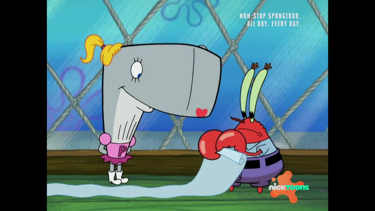 Pearl, with her blonde ponytail and pink outfit, stands beside Mr. Krabs as he unrolls a long scroll. A Nicktoons logo appears on the screen.
