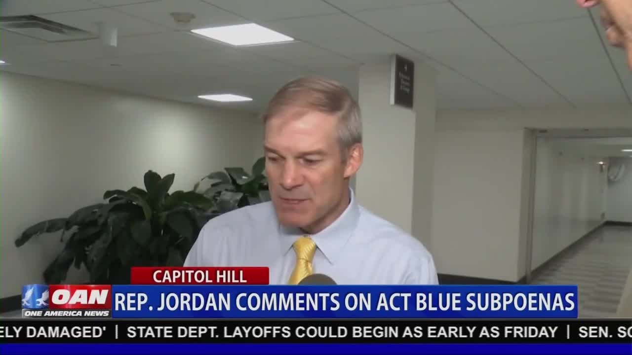 Jim Jordan, speaking into a microphone, is being filmed in a hallway. The lower third of the screen displays the "OAN" logo and a headline about subpoenas.
