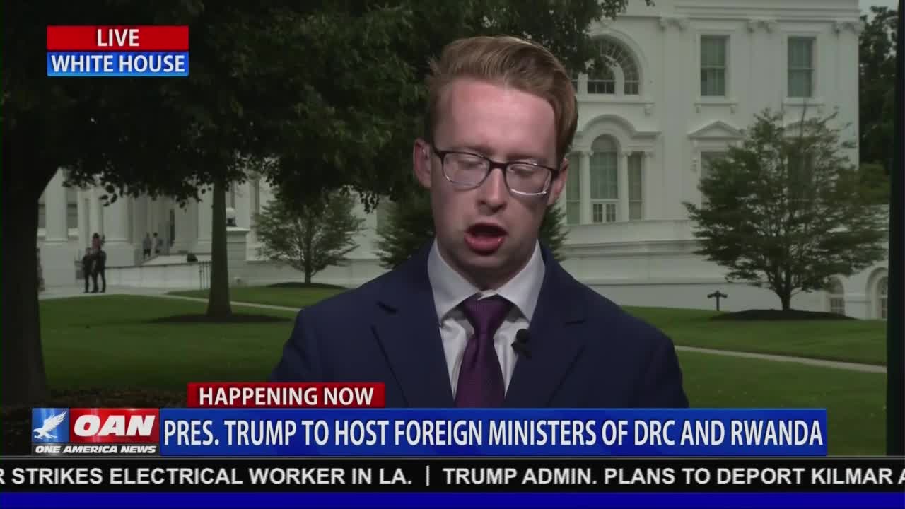 A reporter, framed against the White House, is speaking live for One America News. The chyron below announces that President Trump will host foreign ministers.
