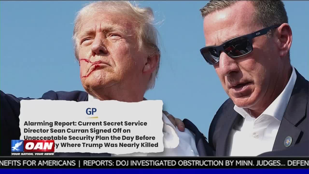 Blood streaks across the former president's face, and a man in sunglasses stands beside him. The One America News Network graphic displays a headline about a Secret Service director.

